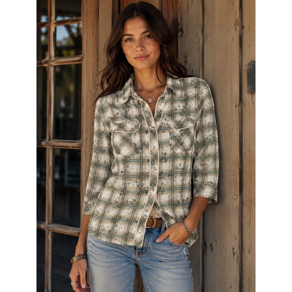 Krazy Kat Plaid Floral Crochet Trim Button Down Shirt Green 3/4 Sleeve M western